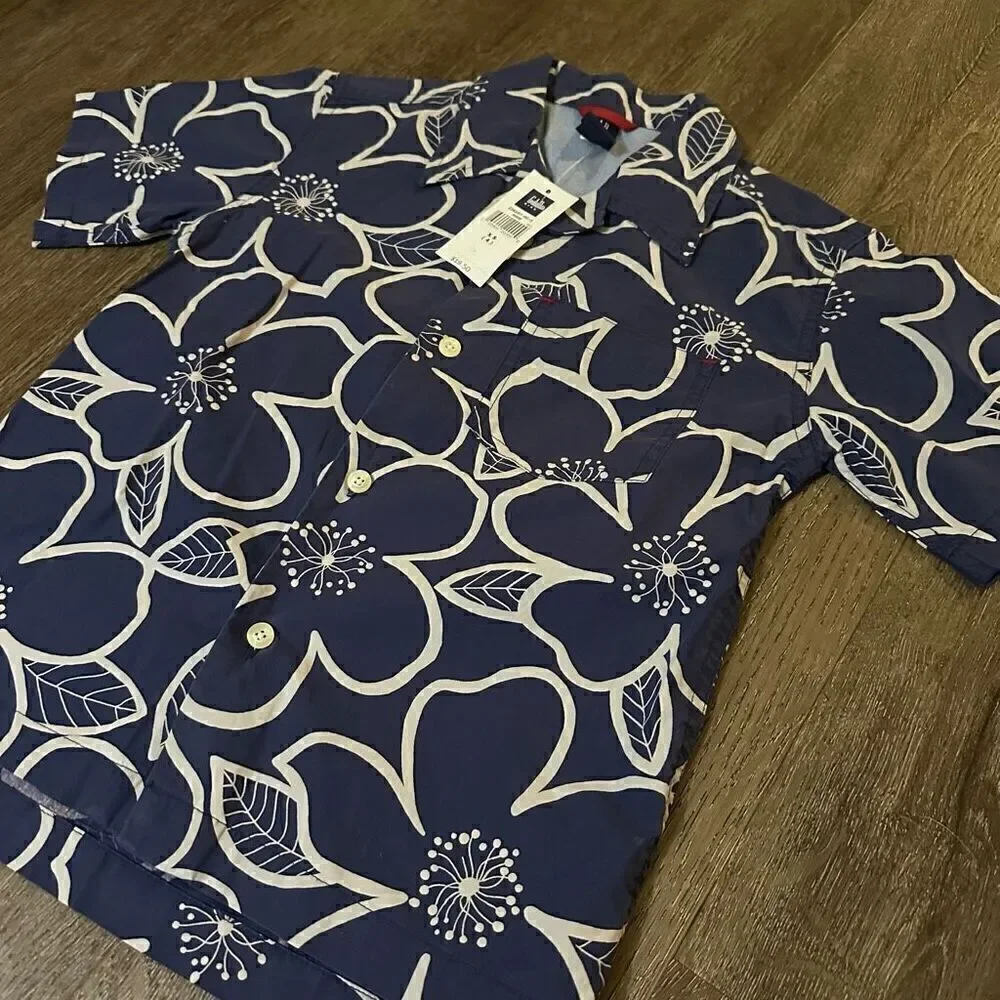 Gap Boys New With Tags Blue Hawaiian Floral Button up Navy Shirt Size XS 4